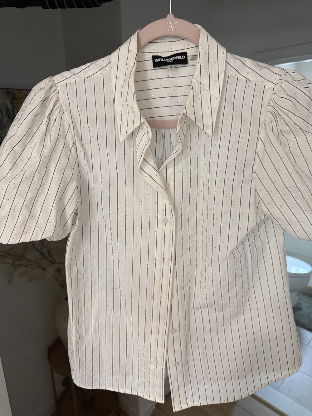 Karl Lagerfeld Cream Shirt with Black Pinstripes and Puff Sleeves